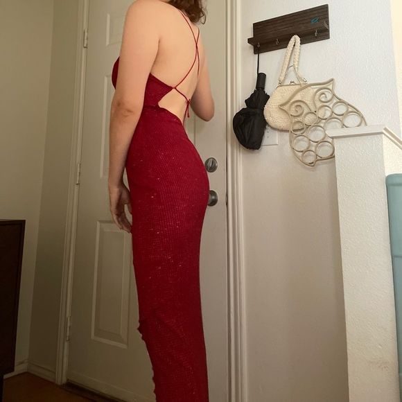 Vintage 90s Asymmetric Glitter Sparkle Halter Dress with open back (reposh) - Picture 3 of 4